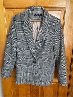Allegra K Black and White Glen Plaid Single-Button Blazer